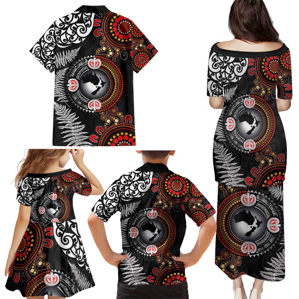 Australia and New Zealand Together Family Matching Puletasi and Hawaiian Shirt Aboriginal and Maori Art Tattoo