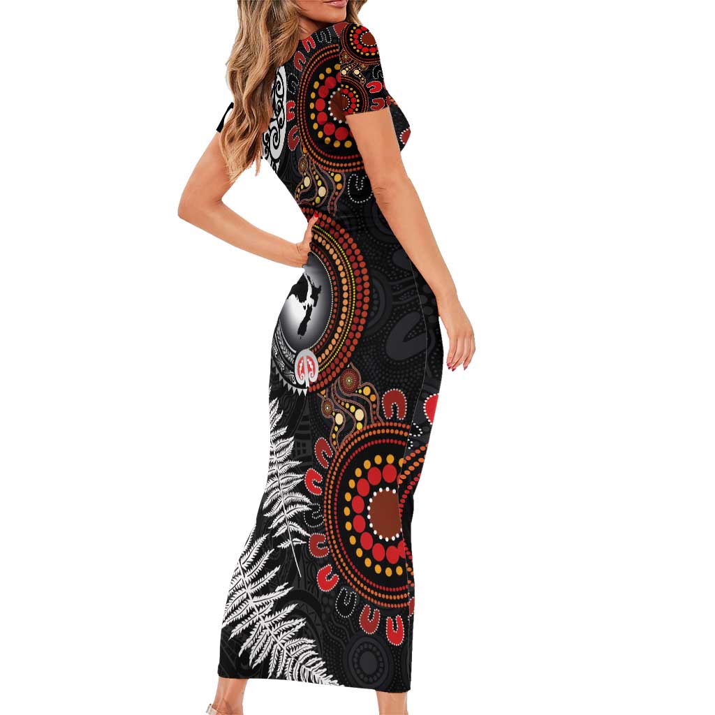 Australia and New Zealand Together Family Matching Short Sleeve Bodycon Dress and Hawaiian Shirt Aboriginal and Maori Art Tattoo