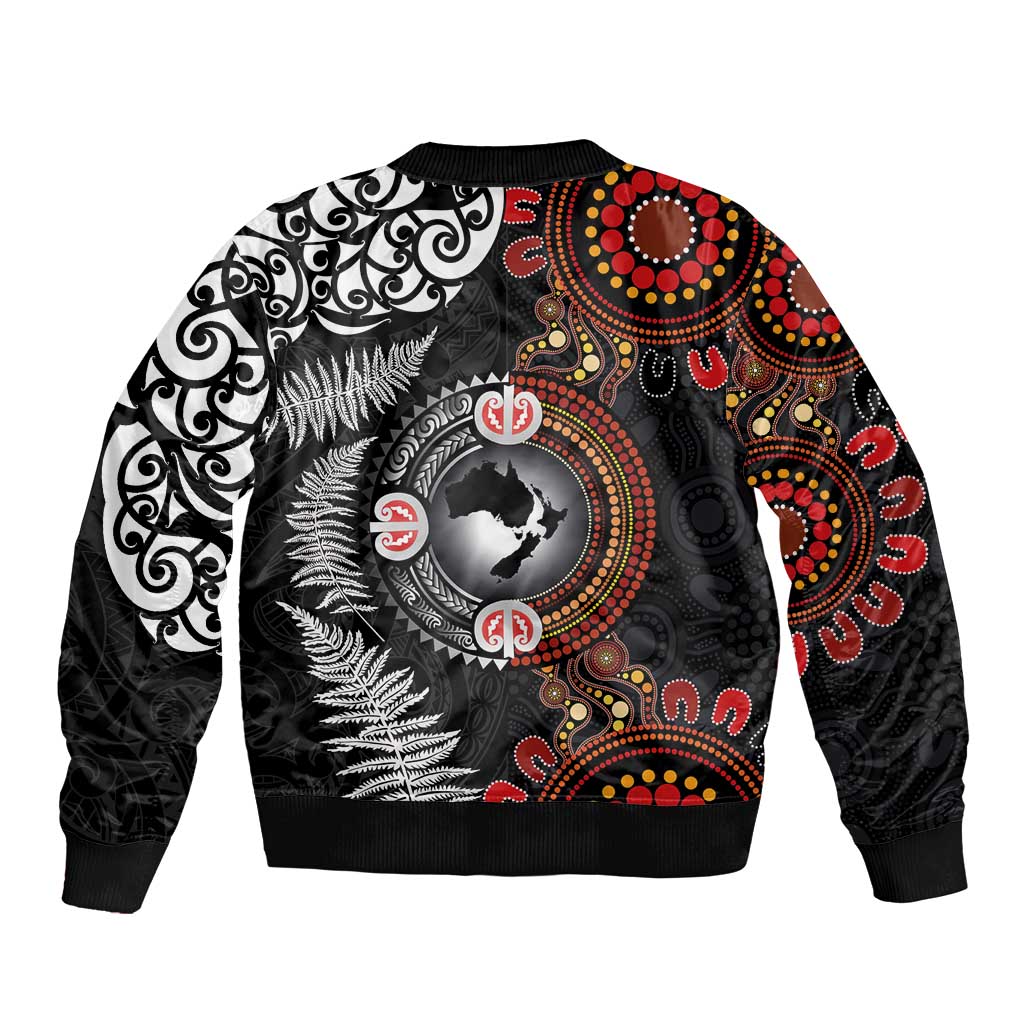 Australia and New Zealand Together Sleeve Zip Bomber Jacket Aboriginal and Maori Art Tattoo
