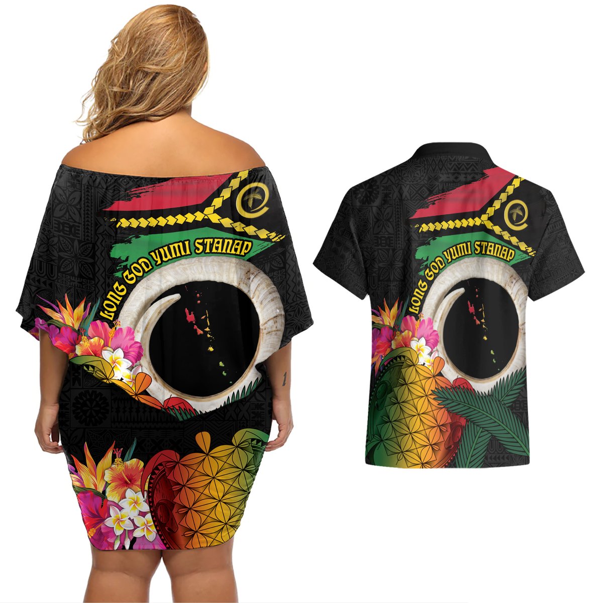 Vanuatu Selebretem 44th Indipendens Dei Couples Matching Off Shoulder Short Dress and Hawaiian Shirt Sand Drawing Turtle Melanesian Vibes
