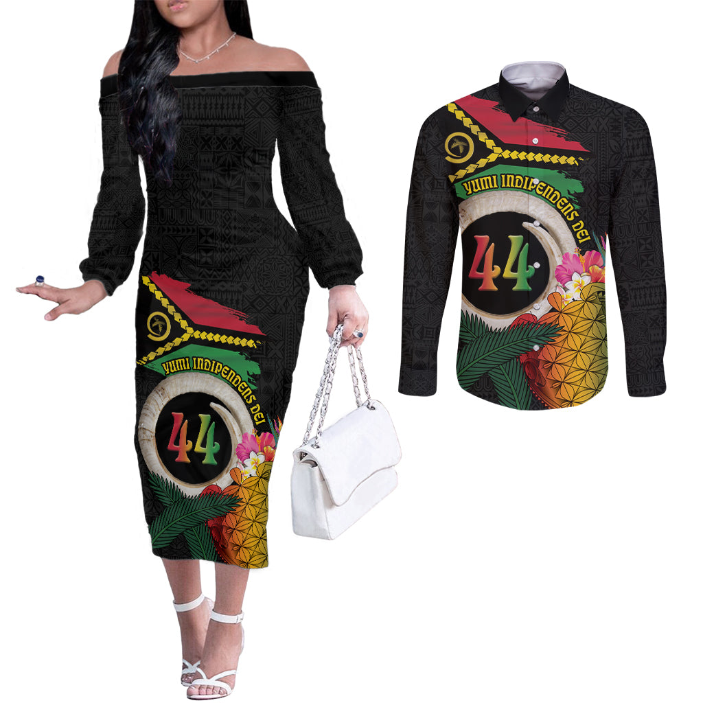 Vanuatu Selebretem 44th Indipendens Dei Couples Matching Off The Shoulder Long Sleeve Dress and Long Sleeve Button Shirt Sand Drawing Turtle Melanesian Vibes