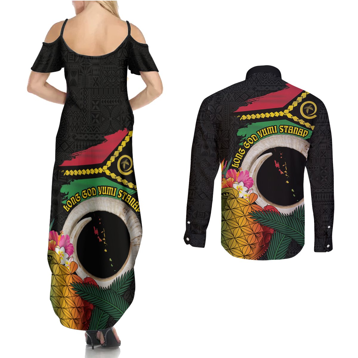 Vanuatu Selebretem 44th Indipendens Dei Couples Matching Summer Maxi Dress and Long Sleeve Button Shirt Sand Drawing Turtle Melanesian Vibes