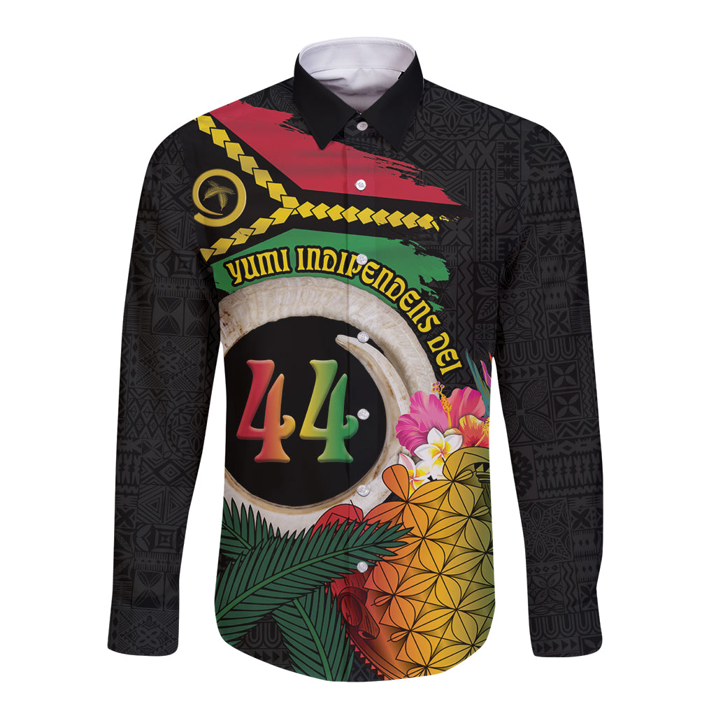 Vanuatu Selebretem 44th Indipendens Dei Long Sleeve Button Shirt Sand Drawing Turtle Melanesian Vibes LT03 Unisex Black - Polynesian Pride