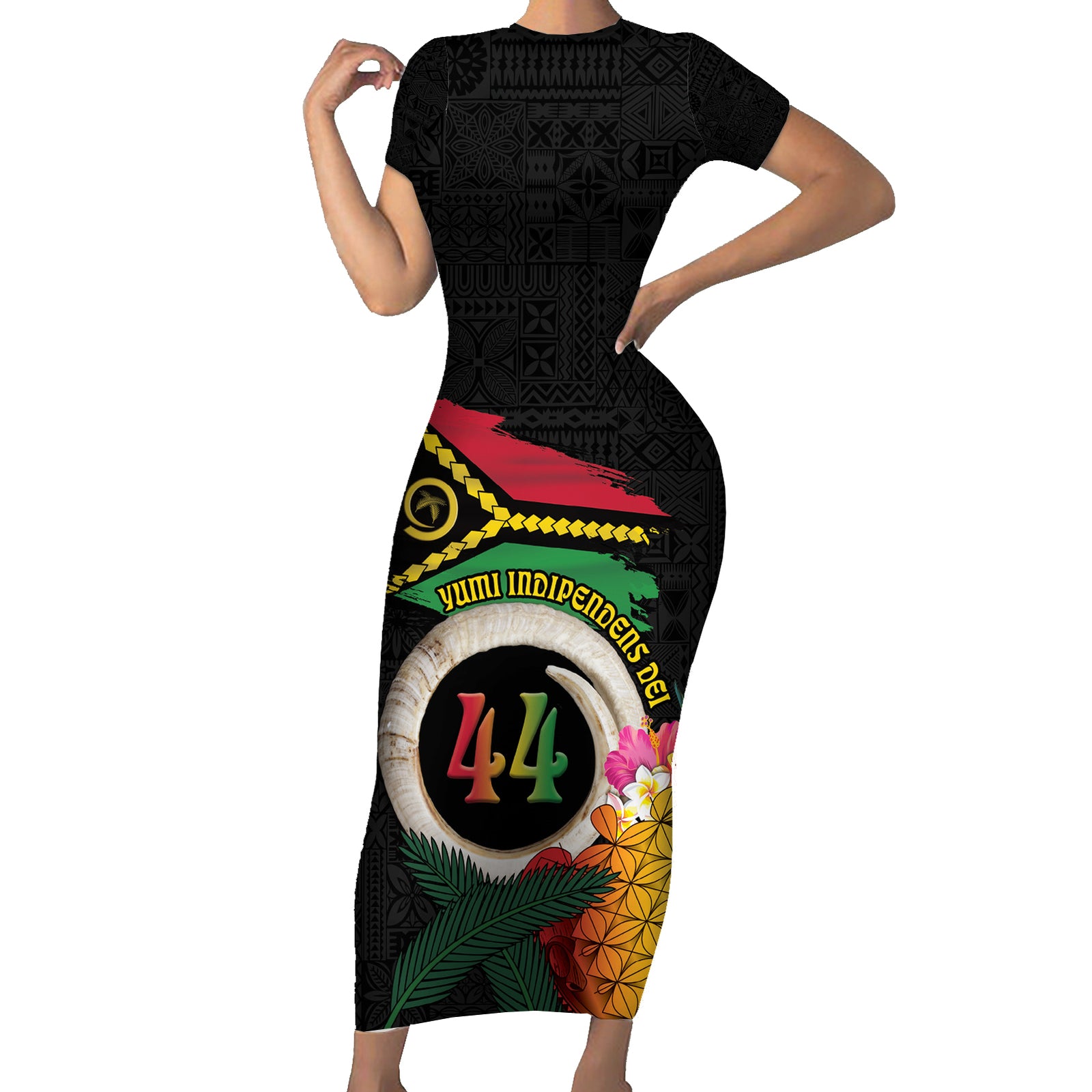Vanuatu Selebretem 44th Indipendens Dei Short Sleeve Bodycon Dress Sand Drawing Turtle Melanesian Vibes