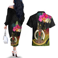 Vanuatu Ni-Van Couples Matching Off The Shoulder Long Sleeve Dress and Hawaiian Shirt Coat of Arms Sand Drawing