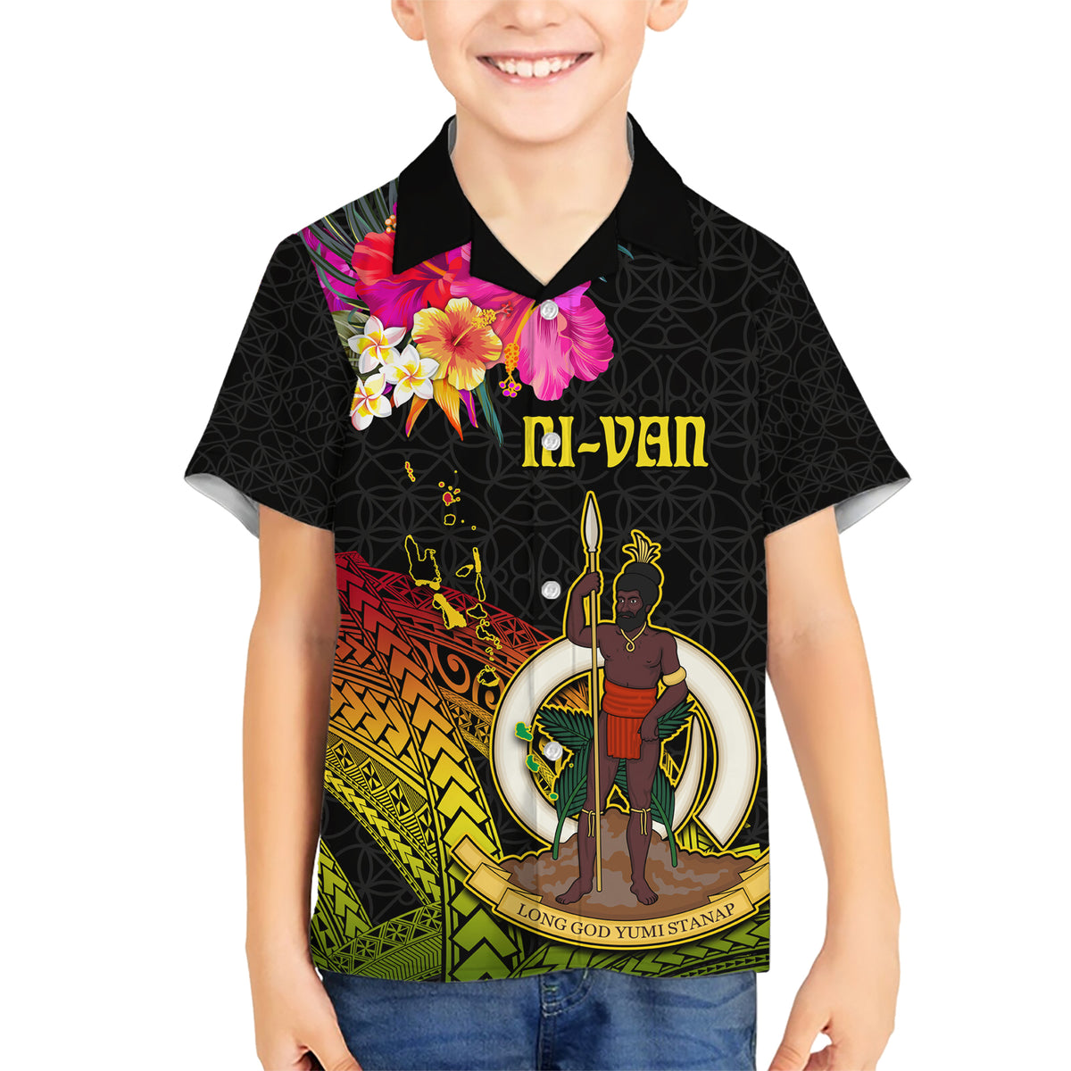 Vanuatu Ni-Van Family Matching Short Sleeve Bodycon Dress and Hawaiian Shirt Coat of Arms Sand Drawing