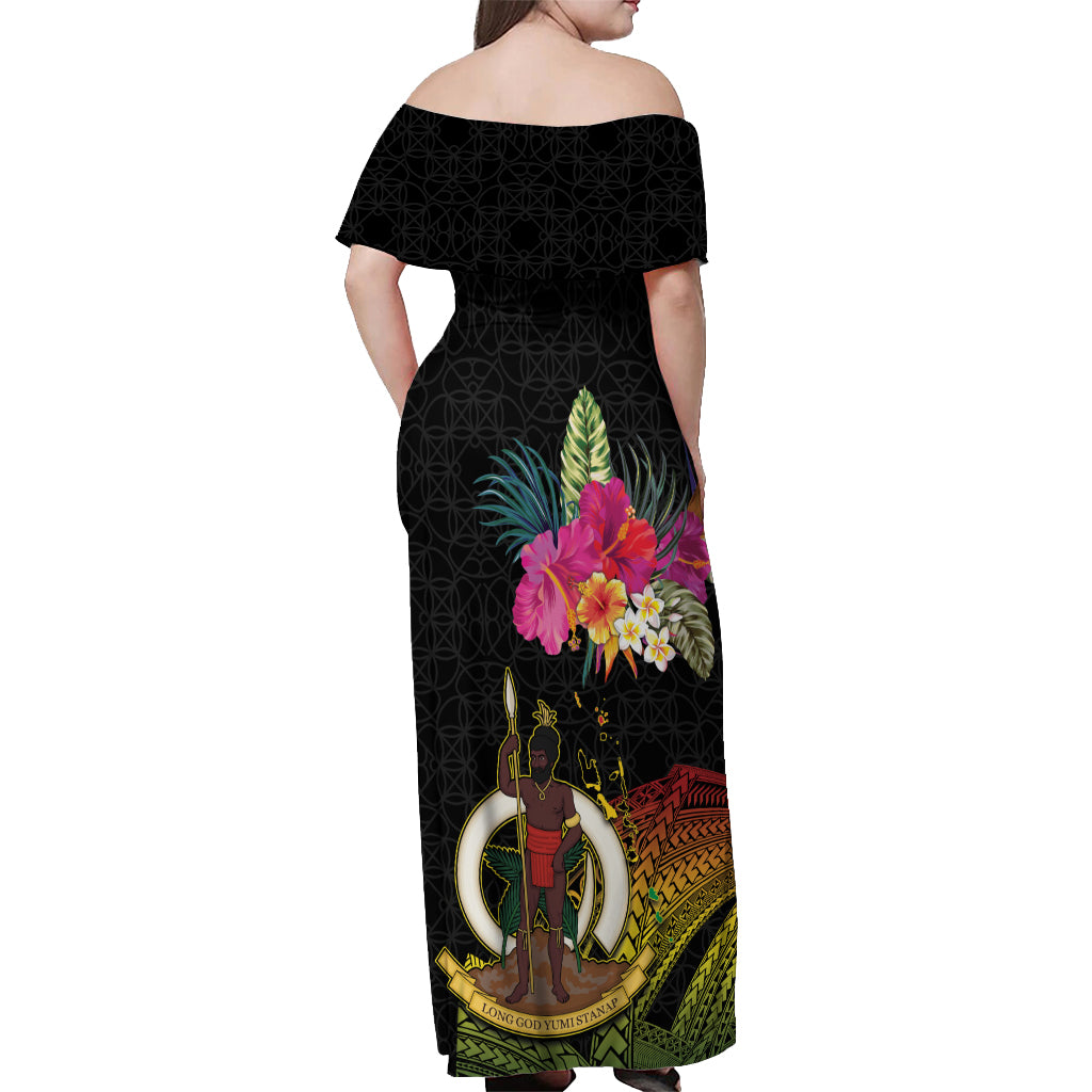 Vanuatu Ni-Van Off Shoulder Maxi Dress Coat of Arms Sand Drawing LT03 - Polynesian Pride
