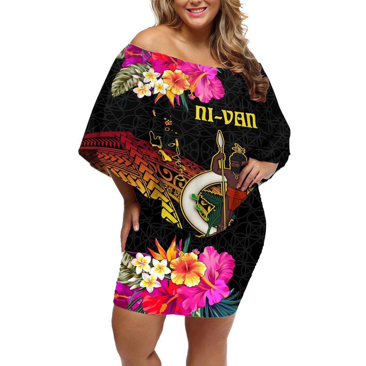 Vanuatu Ni-Van Off Shoulder Short Dress Coat of Arms Sand Drawing LT03 Women Black - Polynesian Pride