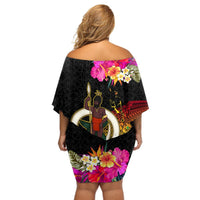 Vanuatu Ni-Van Off Shoulder Short Dress Coat of Arms Sand Drawing LT03 - Polynesian Pride