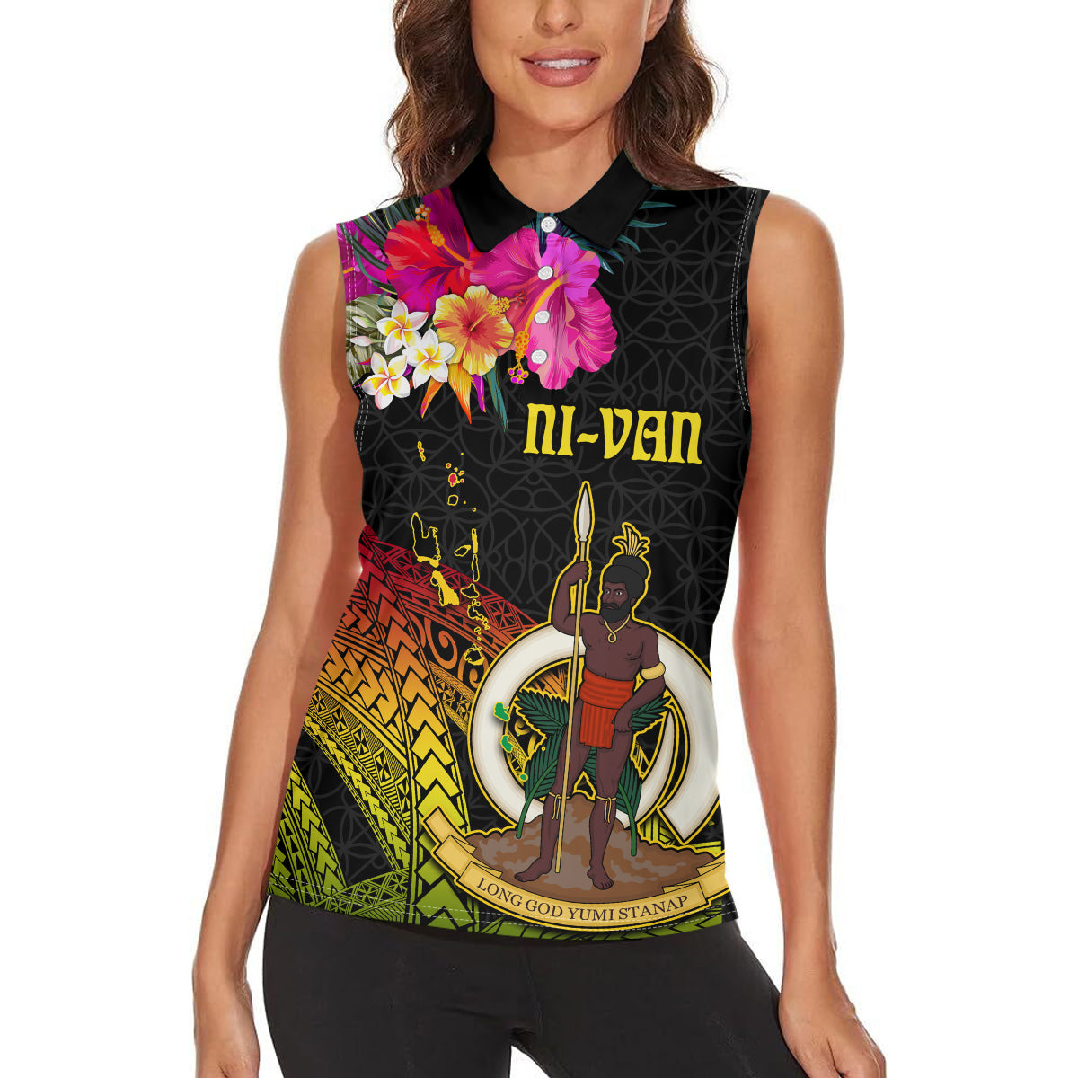 Vanuatu Ni-Van Women Sleeveless Polo Shirt Coat of Arms Sand Drawing