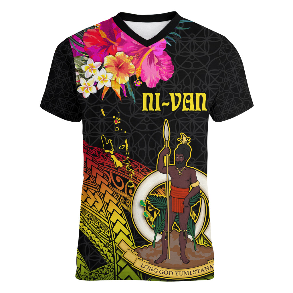 Vanuatu Ni-Van Women V-Neck T-Shirt Coat of Arms Sand Drawing