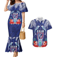 Guam Liberation Day Couples Matching Mermaid Dress and Hawaiian Shirt The Tribal Latte Stone and Dolphins with Hibiscus Chamorro Culture