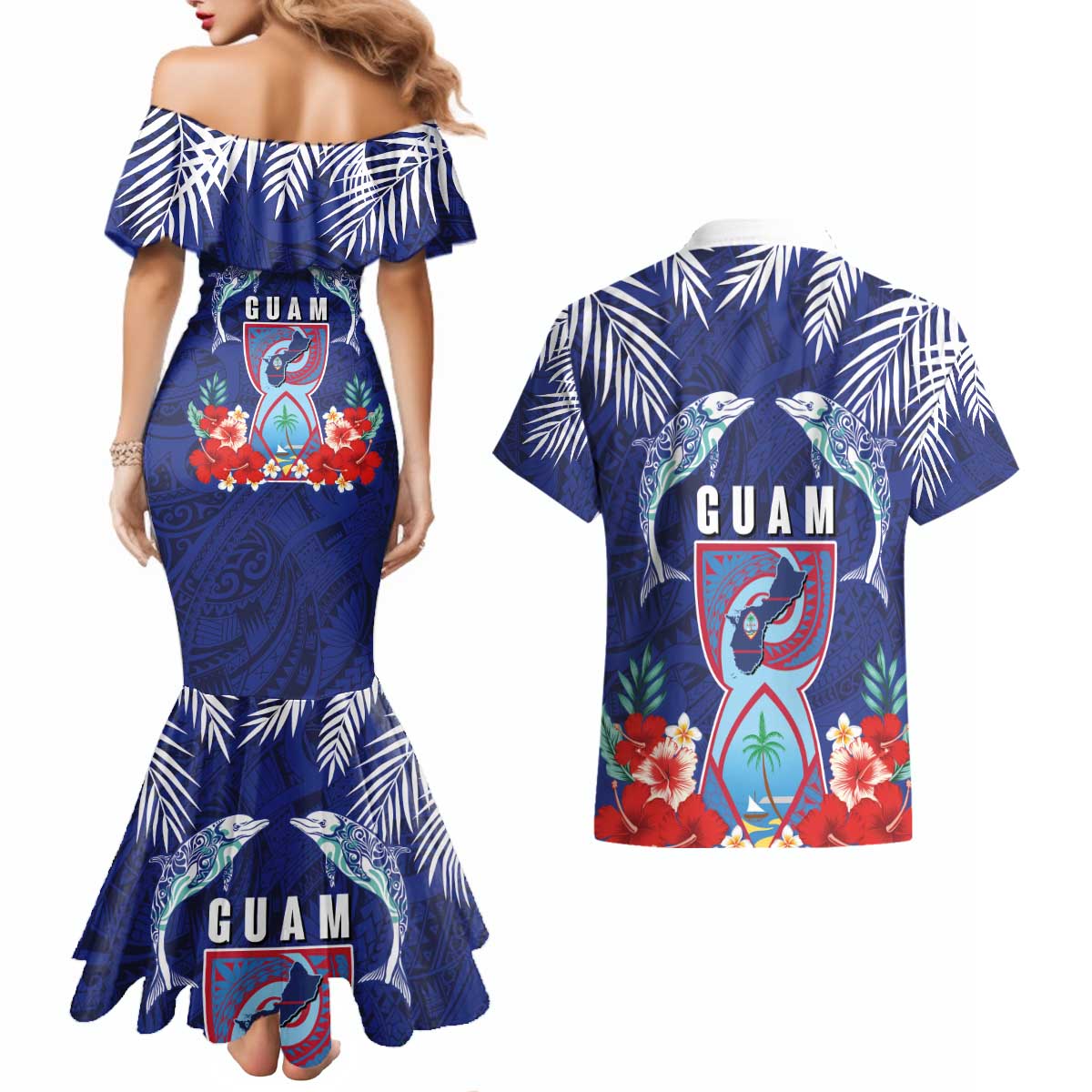 Guam Liberation Day Couples Matching Mermaid Dress and Hawaiian Shirt The Tribal Latte Stone and Dolphins with Hibiscus Chamorro Culture