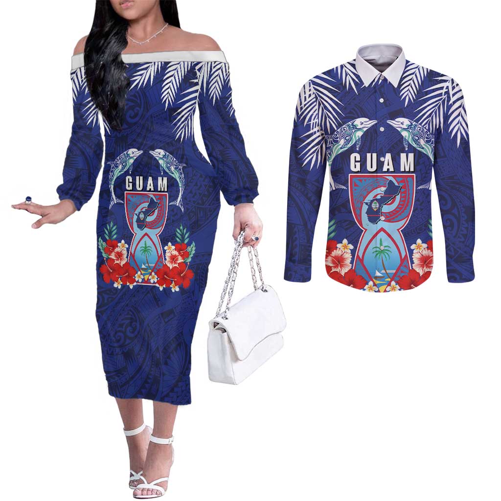 Guam Liberation Day Couples Matching Off The Shoulder Long Sleeve Dress and Long Sleeve Button Shirt The Tribal Latte Stone and Dolphins with Hibiscus Chamorro Culture