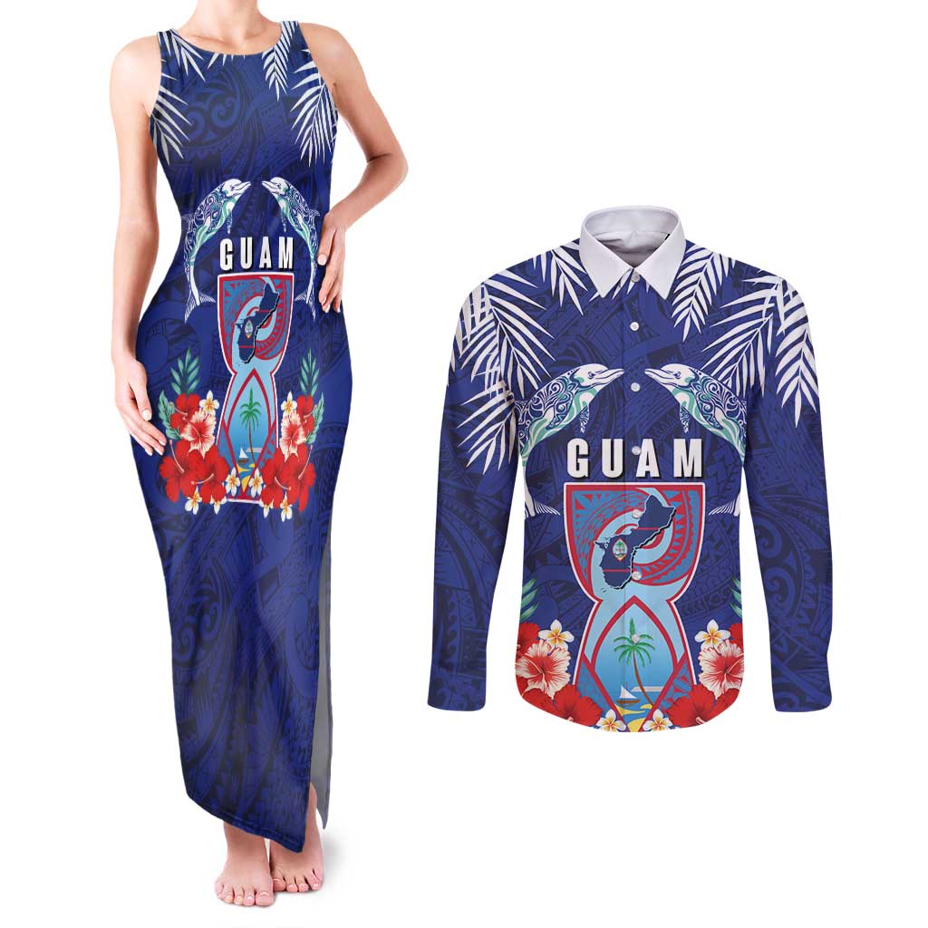 Guam Liberation Day Couples Matching Tank Maxi Dress and Long Sleeve Button Shirt The Tribal Latte Stone and Dolphins with Hibiscus Chamorro Culture