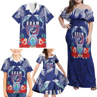 Guam Liberation Day Family Matching Off Shoulder Maxi Dress and Hawaiian Shirt The Tribal Latte Stone and Dolphins with Hibiscus Chamorro Culture