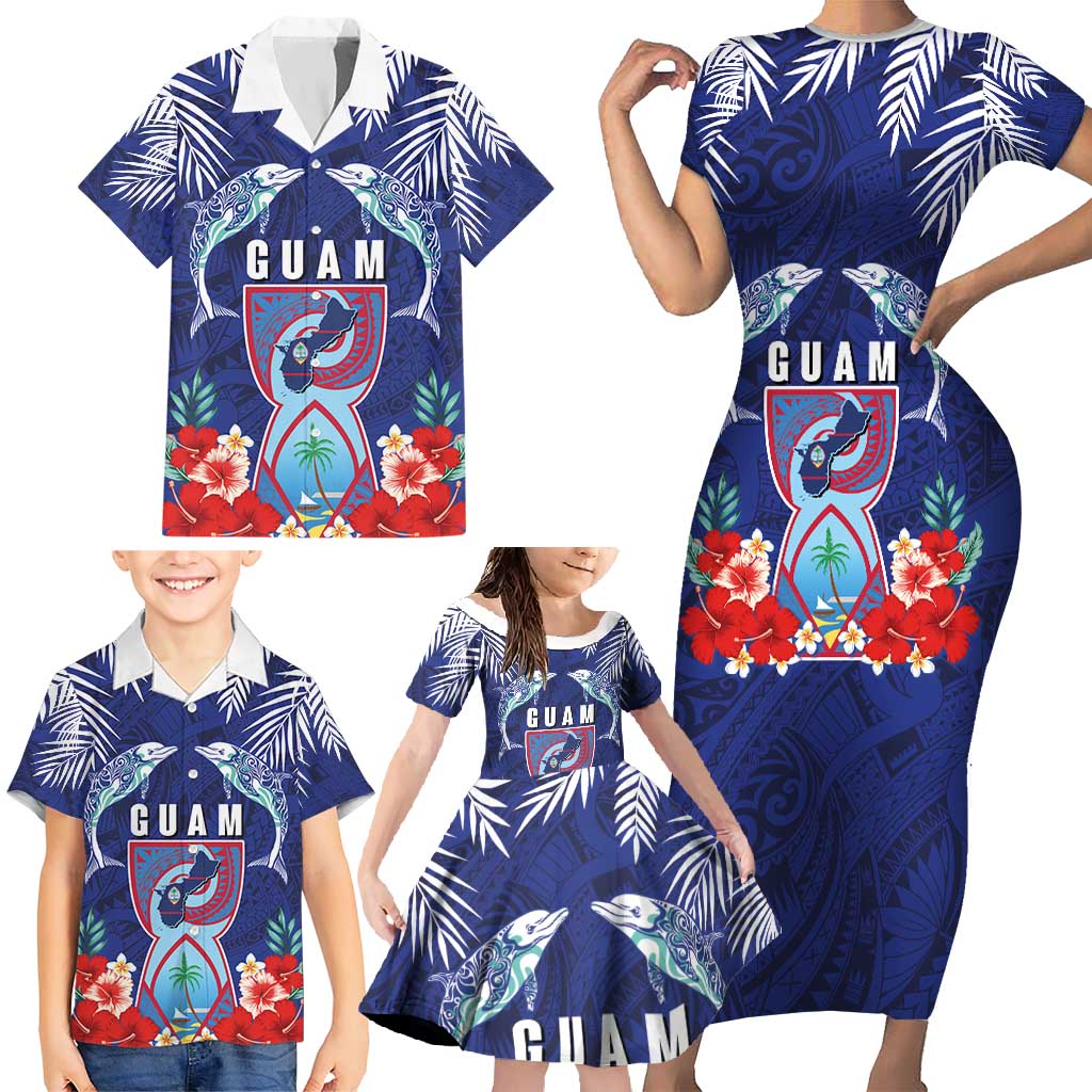 Guam Liberation Day Family Matching Short Sleeve Bodycon Dress and Hawaiian Shirt The Tribal Latte Stone and Dolphins with Hibiscus Chamorro Culture