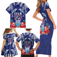 Guam Liberation Day Family Matching Short Sleeve Bodycon Dress and Hawaiian Shirt The Tribal Latte Stone and Dolphins with Hibiscus Chamorro Culture