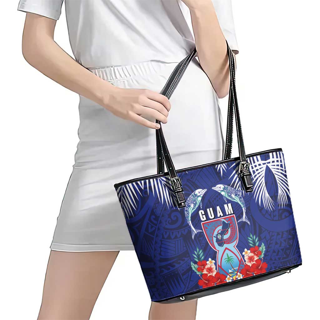 Guam Liberation Day Leather Tote Bag The Tribal Latte Stone and Dolphins with Hibiscus Chamorro Culture