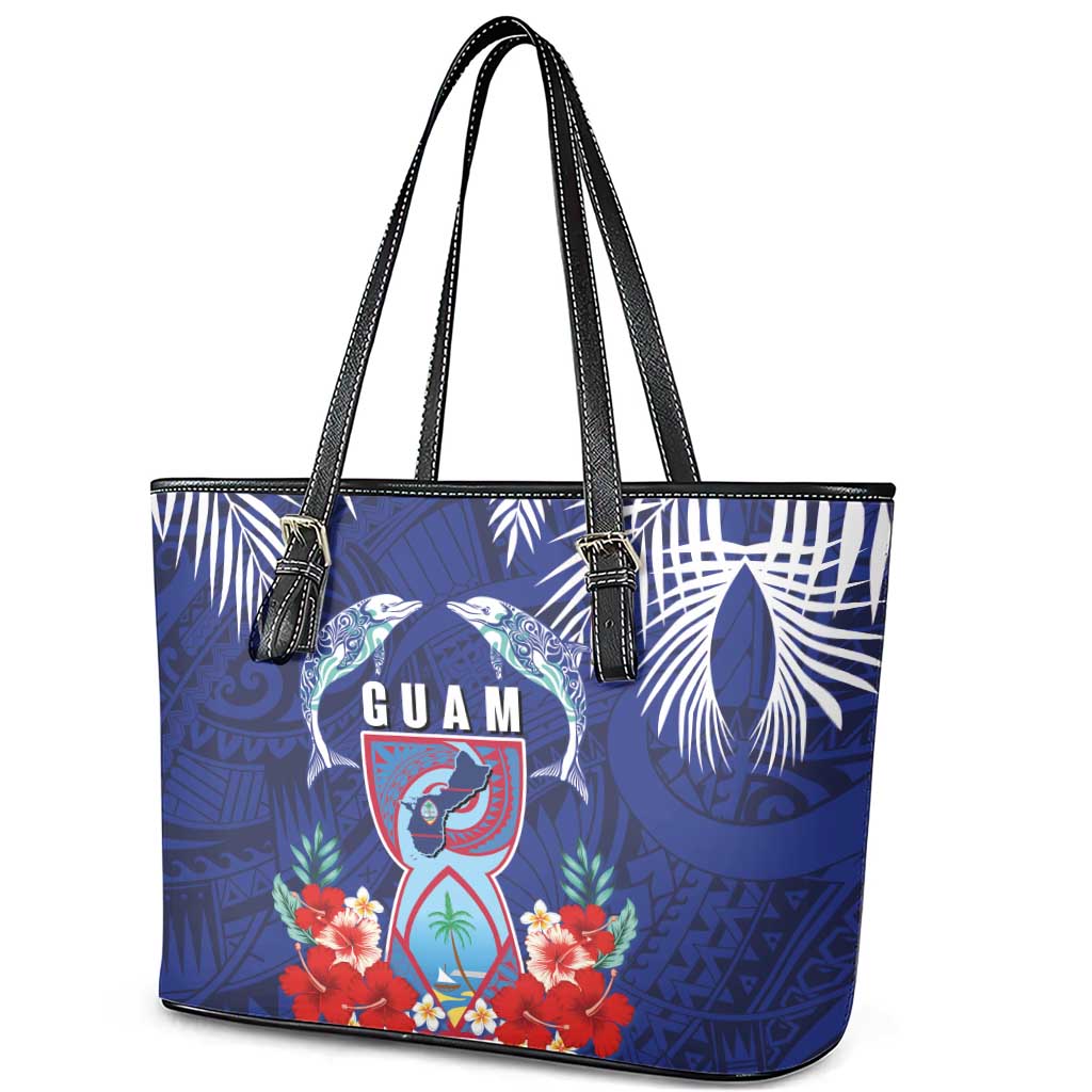 Guam Liberation Day Leather Tote Bag The Tribal Latte Stone and Dolphins with Hibiscus Chamorro Culture