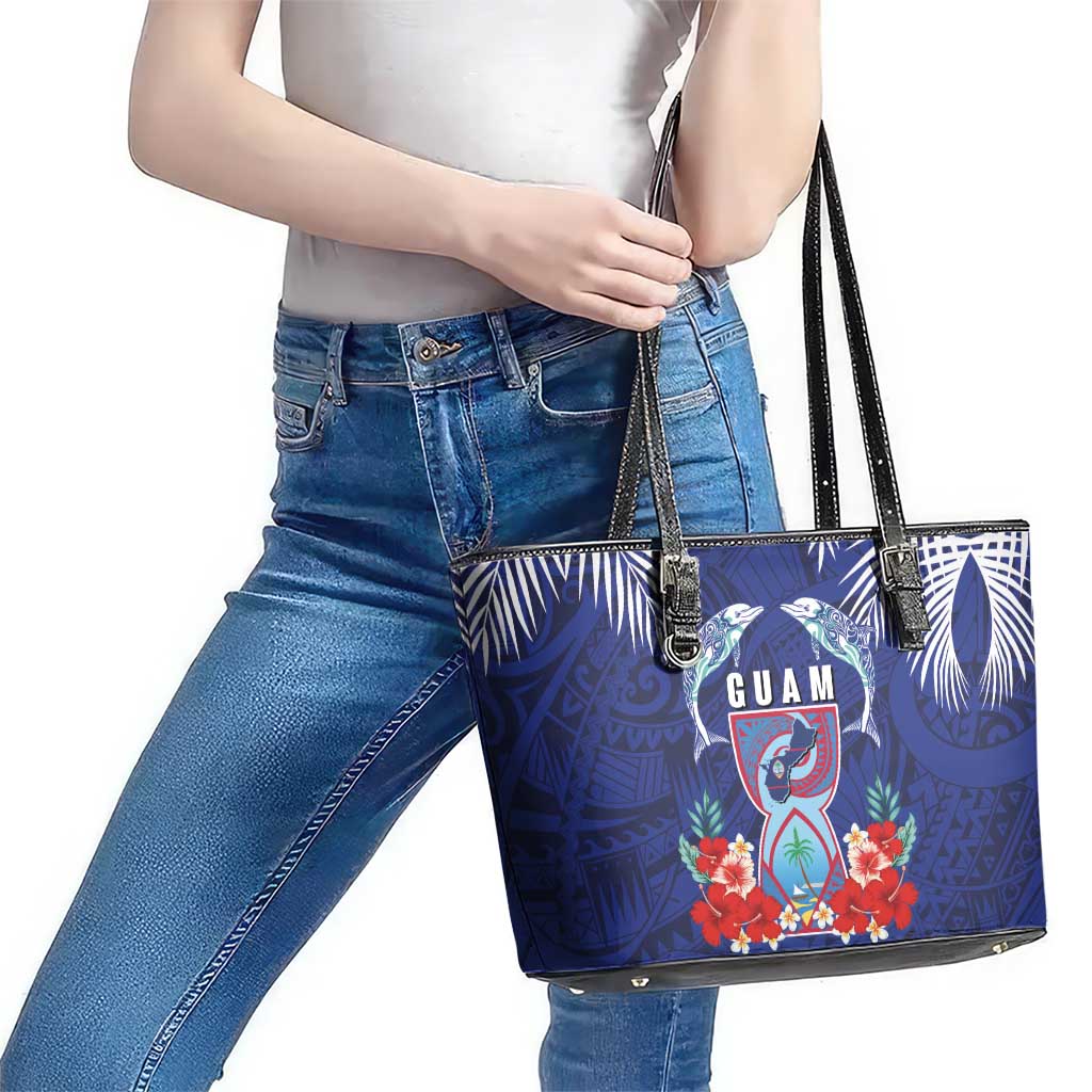 Guam Liberation Day Leather Tote Bag The Tribal Latte Stone and Dolphins with Hibiscus Chamorro Culture