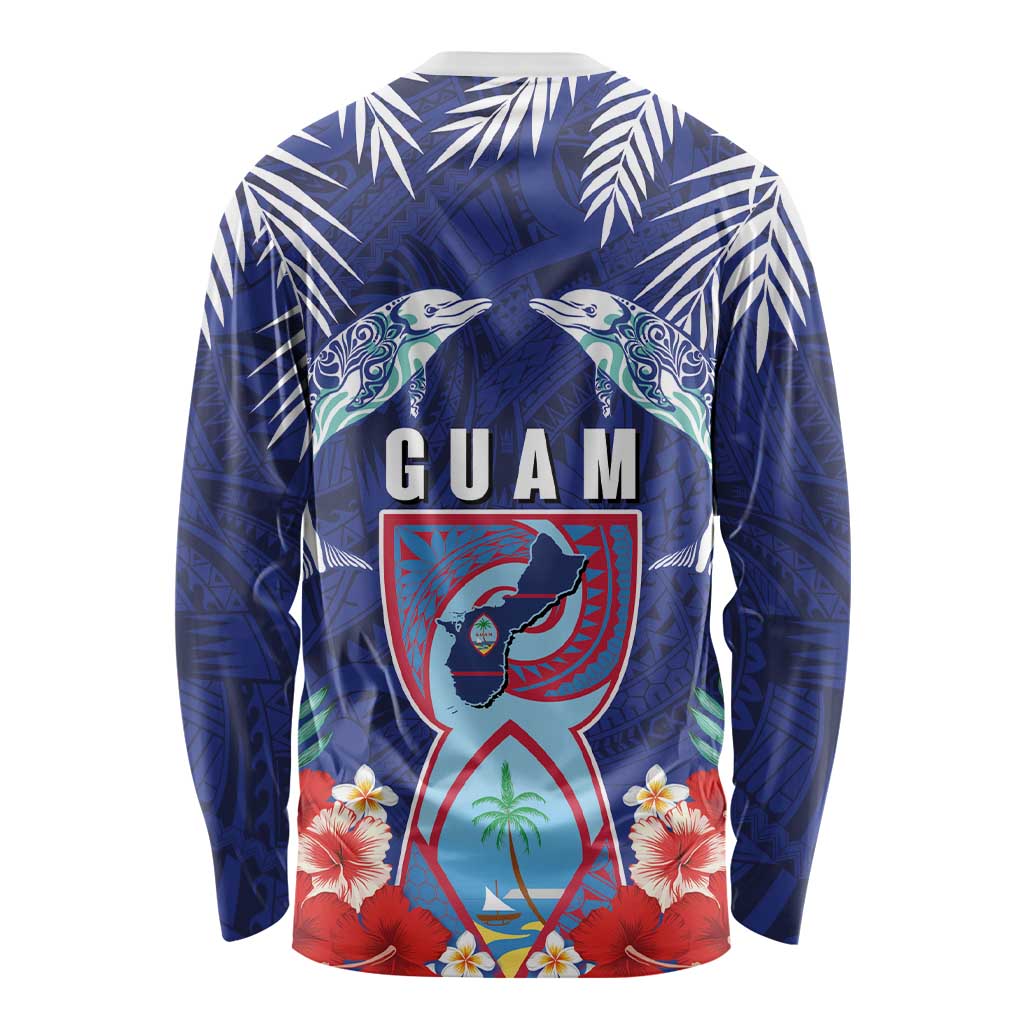 Guam Liberation Day Long Sleeve Shirt The Tribal Latte Stone and Dolphins with Hibiscus Chamorro Culture