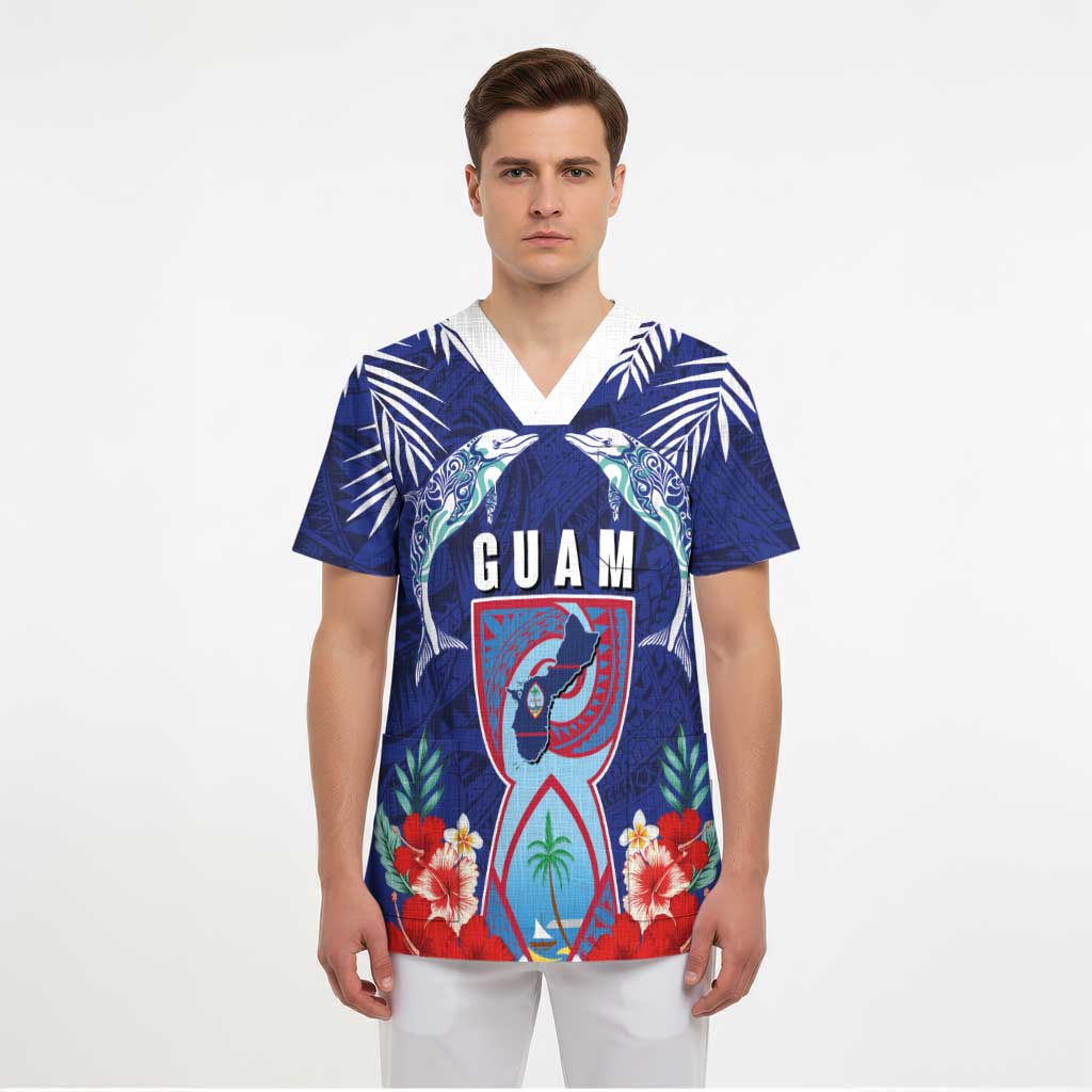 Guam Liberation Day Scrub Top The Tribal Latte Stone and Dolphins with Hibiscus Chamorro Culture - Polynesian Pride