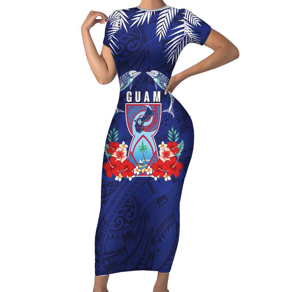 Guam Liberation Day Short Sleeve Bodycon Dress The Tribal Latte Stone and Dolphins with Hibiscus Chamorro Culture