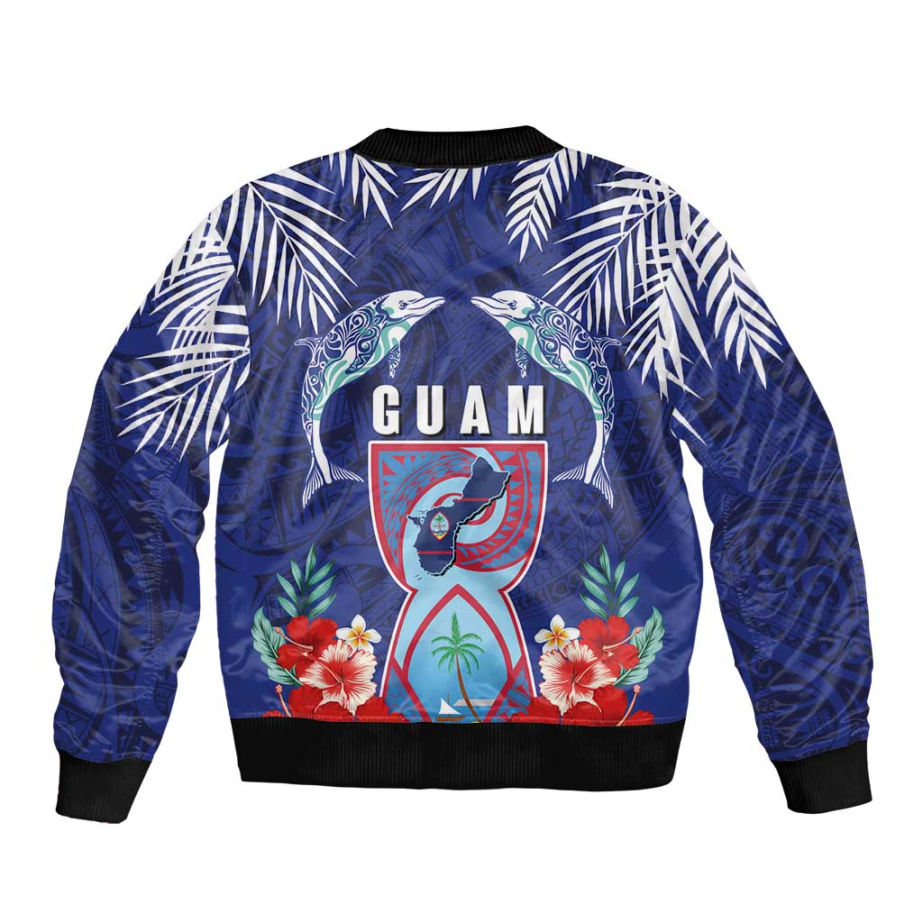Guam Liberation Day Sleeve Zip Bomber Jacket The Tribal Latte Stone and Dolphins with Hibiscus Chamorro Culture