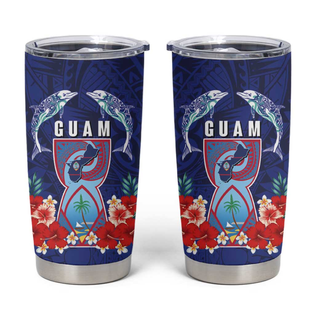 Guam Liberation Day Tumbler Cup The Tribal Latte Stone and Dolphins with Hibiscus Chamorro Culture