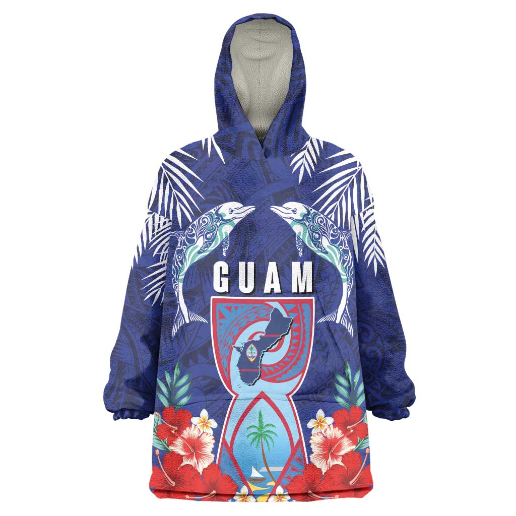 Guam Liberation Day Wearable Blanket Hoodie The Tribal Latte Stone and Dolphins with Hibiscus Chamorro Culture