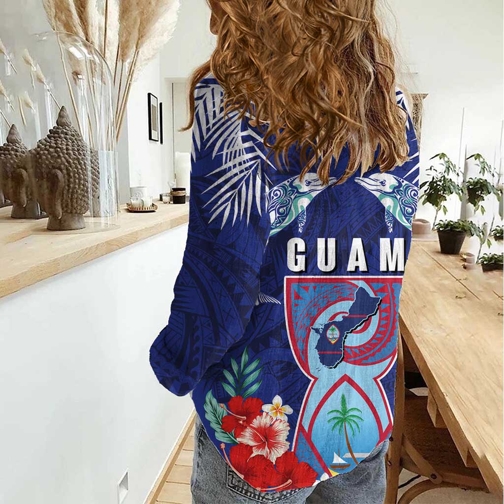 Guam Liberation Day Women Casual Shirt The Tribal Latte Stone and Dolphins with Hibiscus Chamorro Culture