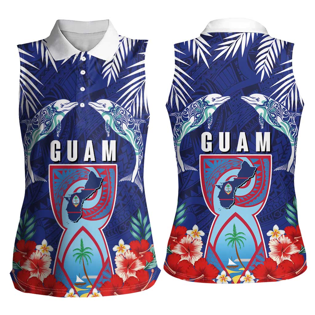 Guam Liberation Day Women Sleeveless Polo Shirt The Tribal Latte Stone and Dolphins with Hibiscus Chamorro Culture