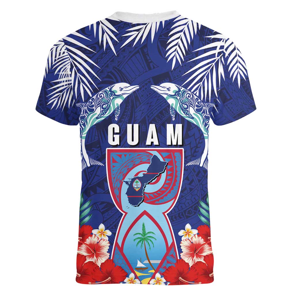 Guam Liberation Day Women V-Neck T-Shirt The Tribal Latte Stone and Dolphins with Hibiscus Chamorro Culture