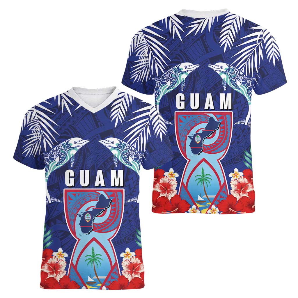 Guam Liberation Day Women V-Neck T-Shirt The Tribal Latte Stone and Dolphins with Hibiscus Chamorro Culture