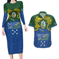 Solomon Islands Couples Matching Long Sleeve Bodycon Dress and Hawaiian Shirt The Guardians-Tribal Crocodile and Shark Melanesian Tattoo