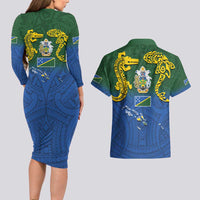 Solomon Islands Couples Matching Long Sleeve Bodycon Dress and Hawaiian Shirt The Guardians-Tribal Crocodile and Shark Melanesian Tattoo