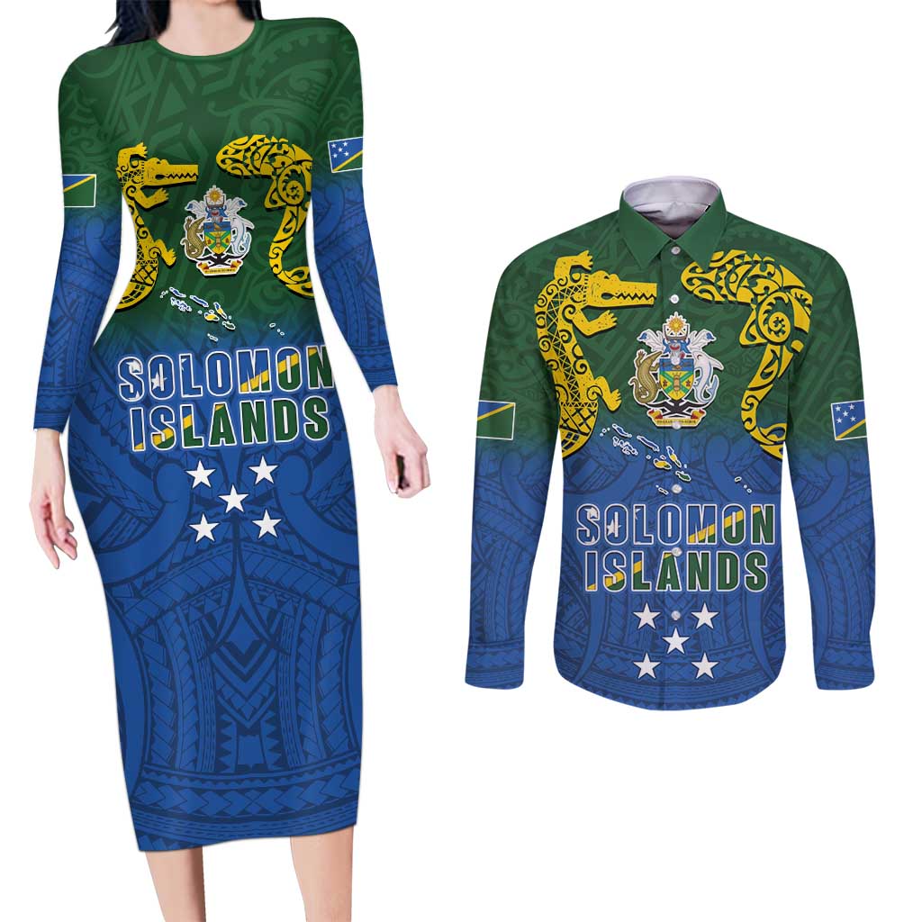 Solomon Islands Couples Matching Long Sleeve Bodycon Dress and Long Sleeve Button Shirt The Guardians-Tribal Crocodile and Shark Melanesian Tattoo