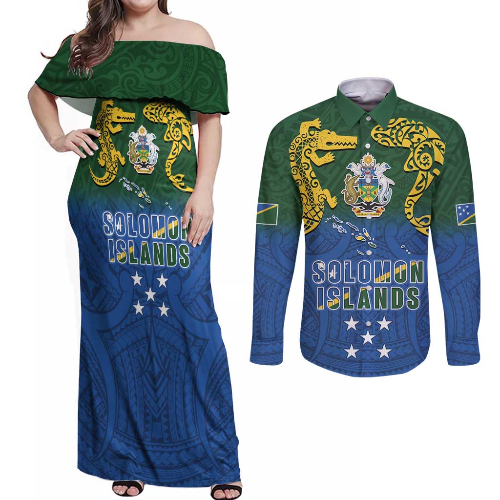 Solomon Islands Couples Matching Off Shoulder Maxi Dress and Long Sleeve Button Shirt The Guardians-Tribal Crocodile and Shark Melanesian Tattoo