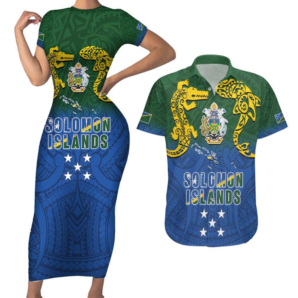 Solomon Islands Couples Matching Short Sleeve Bodycon Dress and Hawaiian Shirt The Guardians-Tribal Crocodile and Shark Melanesian Tattoo