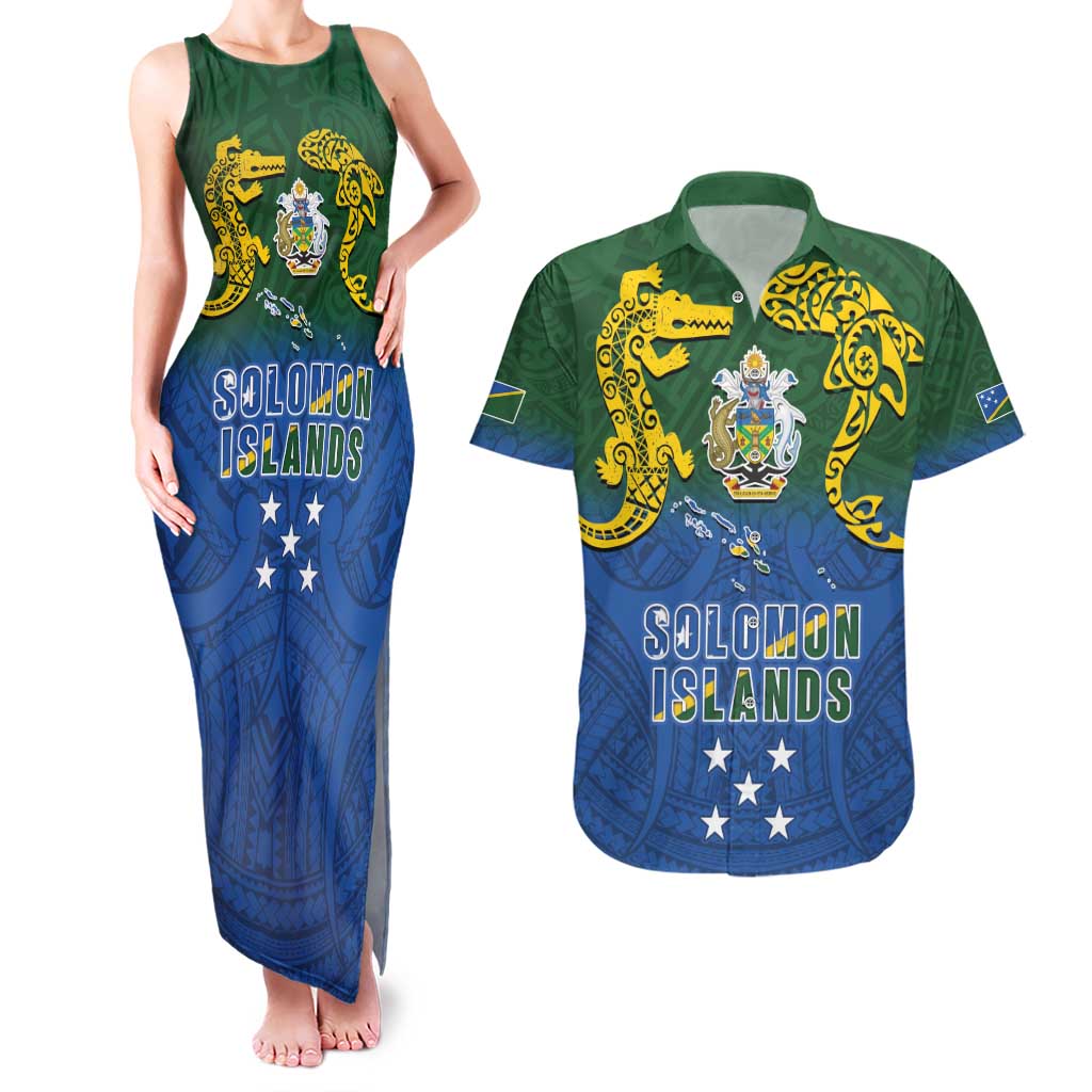 Solomon Islands Couples Matching Tank Maxi Dress and Hawaiian Shirt The Guardians-Tribal Crocodile and Shark Melanesian Tattoo