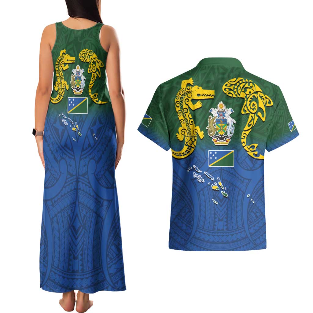 Solomon Islands Couples Matching Tank Maxi Dress and Hawaiian Shirt The Guardians-Tribal Crocodile and Shark Melanesian Tattoo LT03 - Polynesian Pride