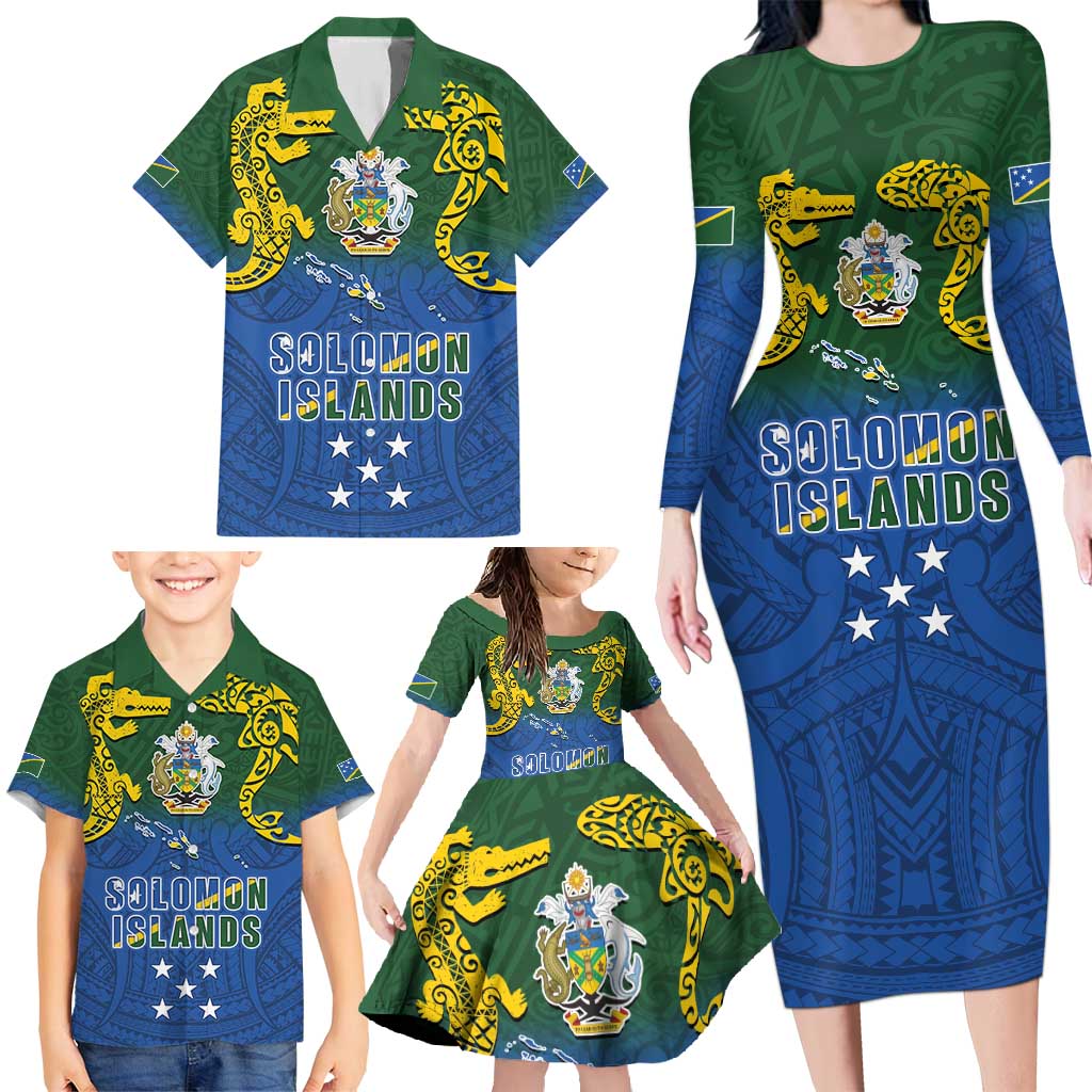 Solomon Islands Family Matching Long Sleeve Bodycon Dress and Hawaiian Shirt The Guardians-Tribal Crocodile and Shark Melanesian Tattoo