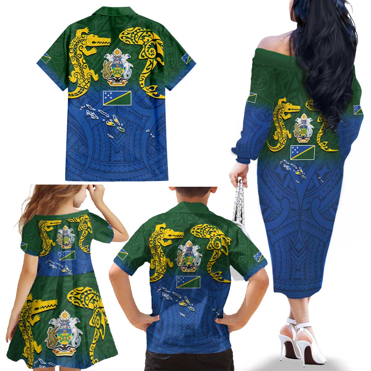 Solomon Islands Family Matching Off The Shoulder Long Sleeve Dress and Hawaiian Shirt The Guardians-Tribal Crocodile and Shark Melanesian Tattoo