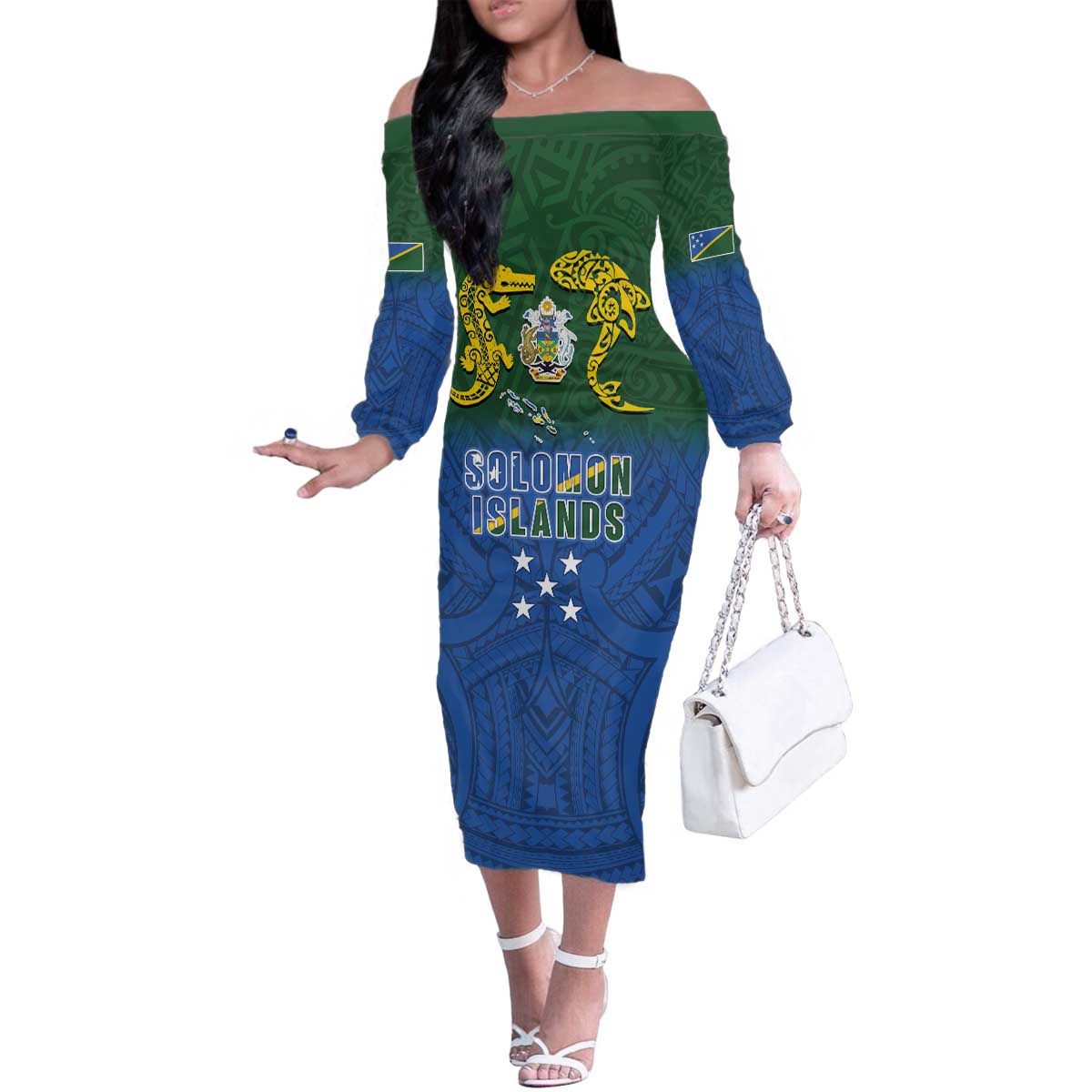 Solomon Islands Family Matching Off The Shoulder Long Sleeve Dress and Hawaiian Shirt The Guardians-Tribal Crocodile and Shark Melanesian Tattoo