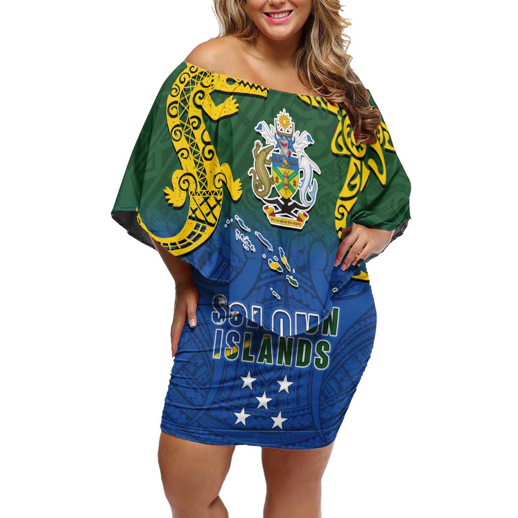 Solomon Islands Family Matching Off Shoulder Short Dress and Hawaiian Shirt The Guardians-Tribal Crocodile and Shark Melanesian Tattoo