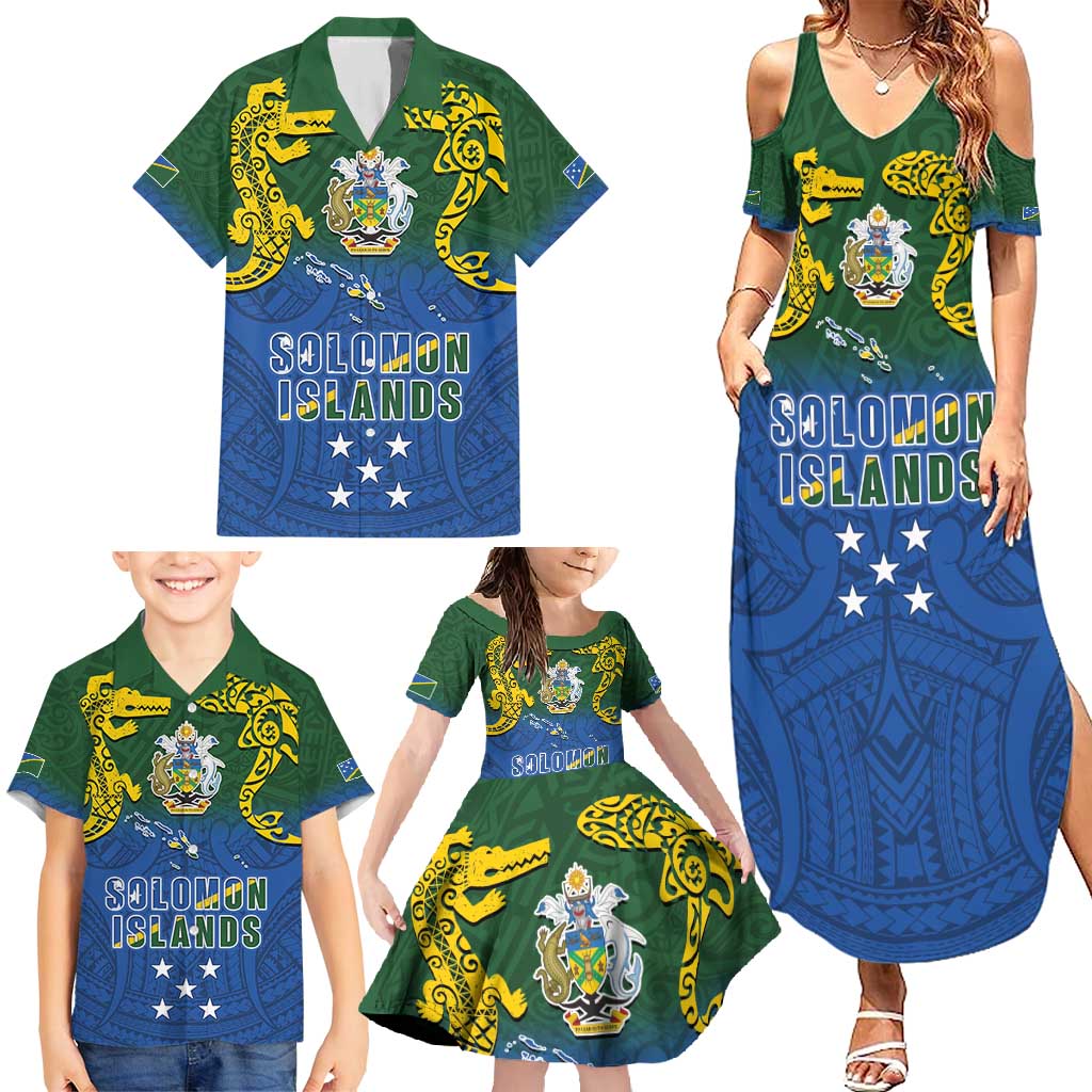 Solomon Islands Family Matching Summer Maxi Dress and Hawaiian Shirt The Guardians-Tribal Crocodile and Shark Melanesian Tattoo
