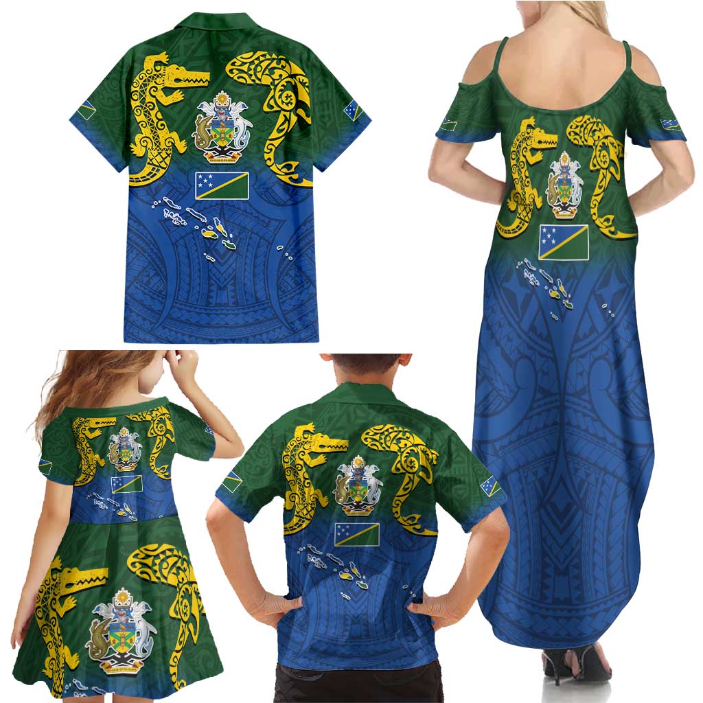 Solomon Islands Family Matching Summer Maxi Dress and Hawaiian Shirt The Guardians-Tribal Crocodile and Shark Melanesian Tattoo