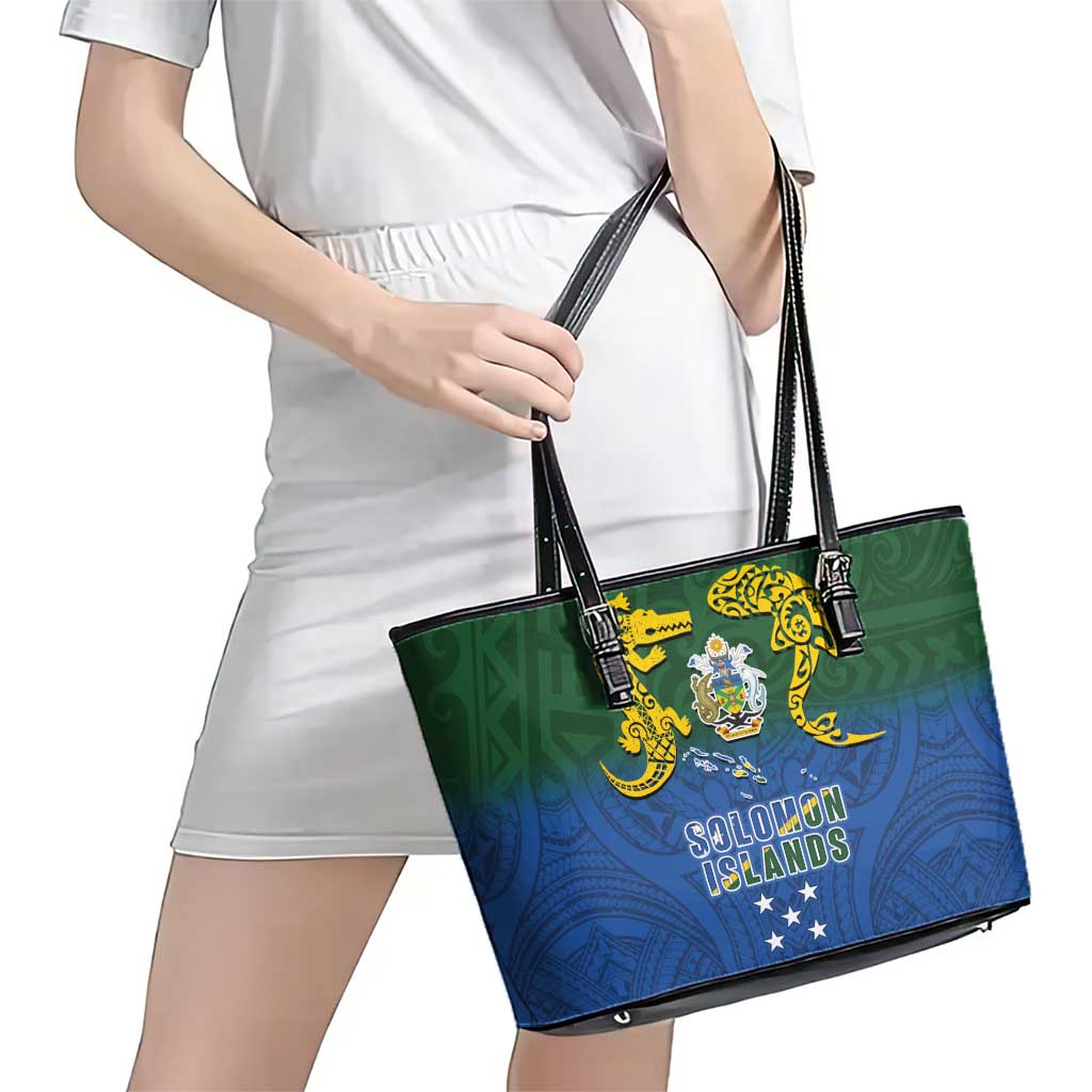 Solomon Islands Leather Tote Bag The Guardians-Tribal Crocodile and Shark Melanesian Tattoo