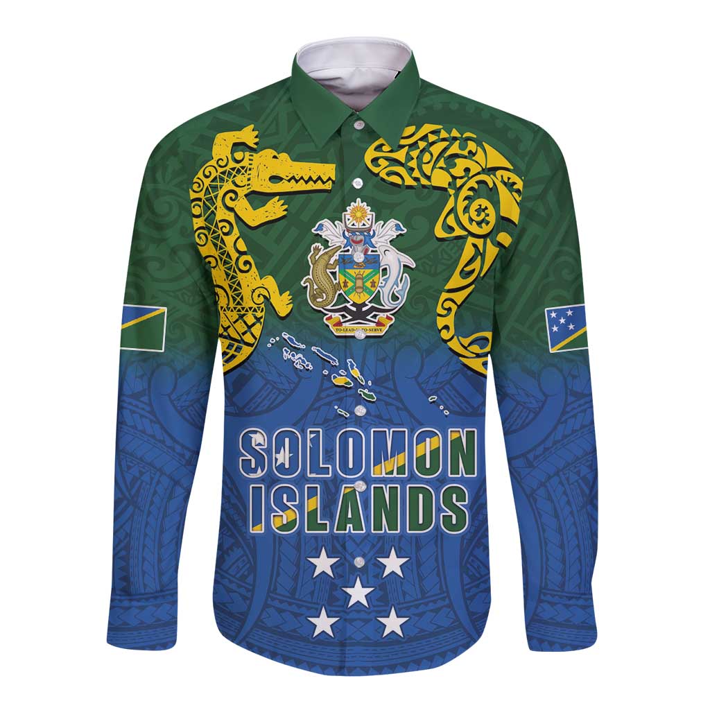 Solomon Islands Long Sleeve Button Shirt The Guardians-Tribal Crocodile and Shark Melanesian Tattoo